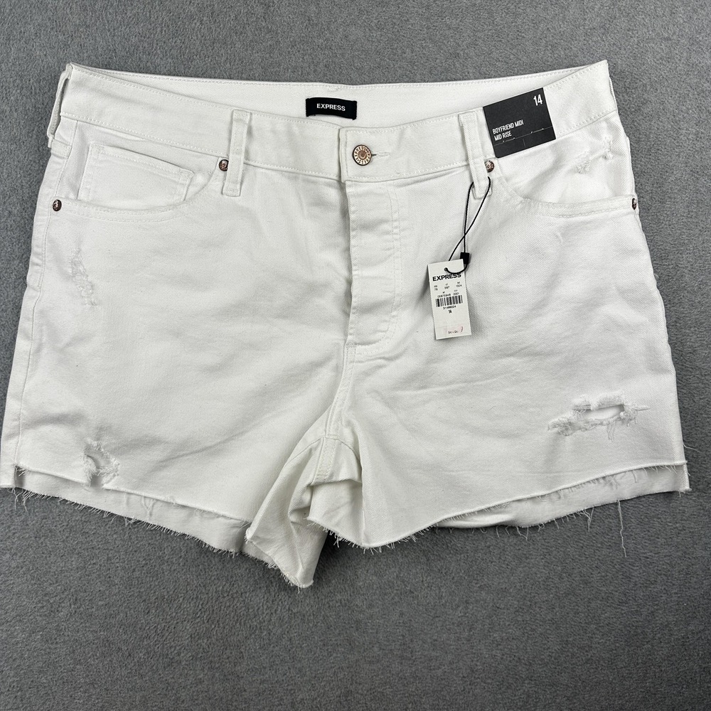 Express Denim Shorts Womens 14 White Boyfriend Midi Mid Rise Distressed